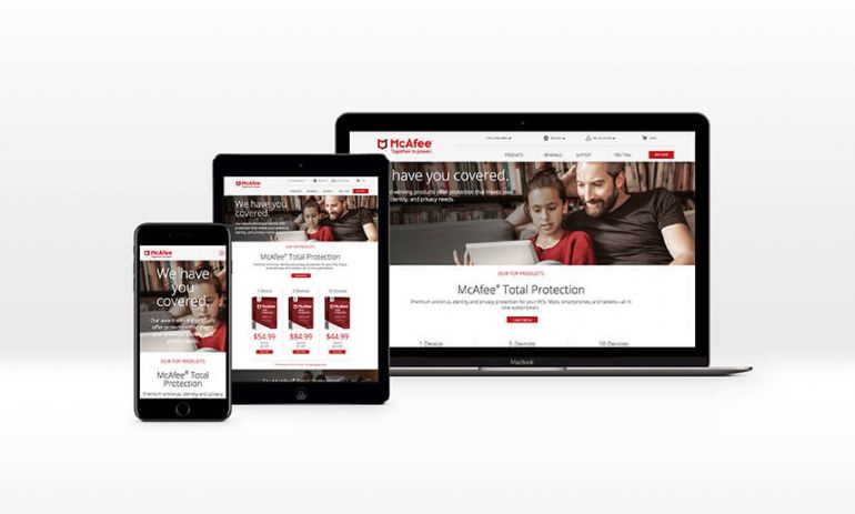 mcafee consumer website on mobile phone tablet and laptop computer