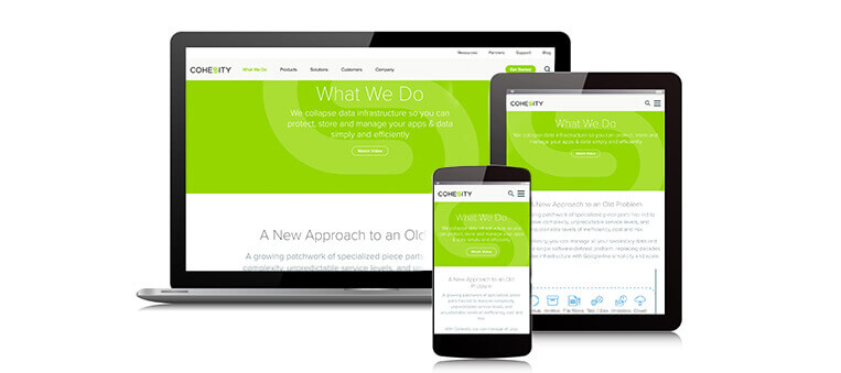 Cohesity website redesign on laptop tablet and mobile phone